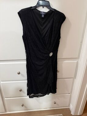Alex Evenings Black Lace Draped Midi Dress with Rhinestone Accent